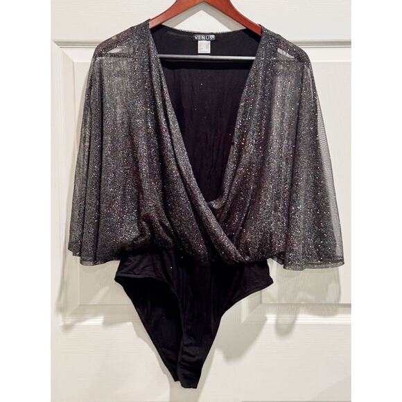 Venus Black Sparkly Glitter Faux Wrap Bodysuit Flounce Dolman Sleeves Size Large - Picture 1 of 5